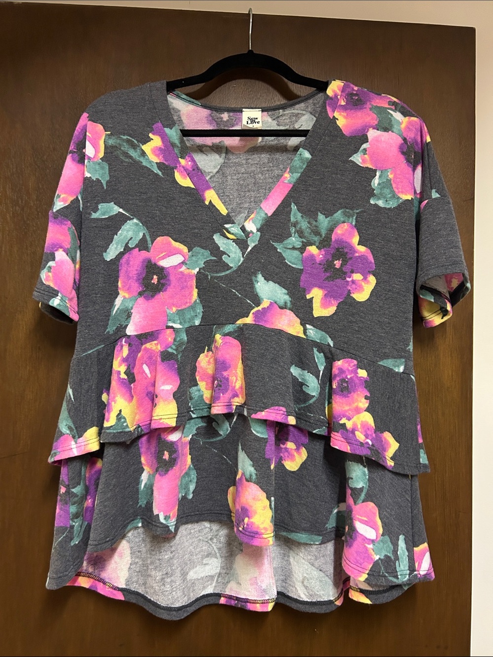 Sew In Love Gray Tiered Ruffle V-Neck Top with Pink Floral